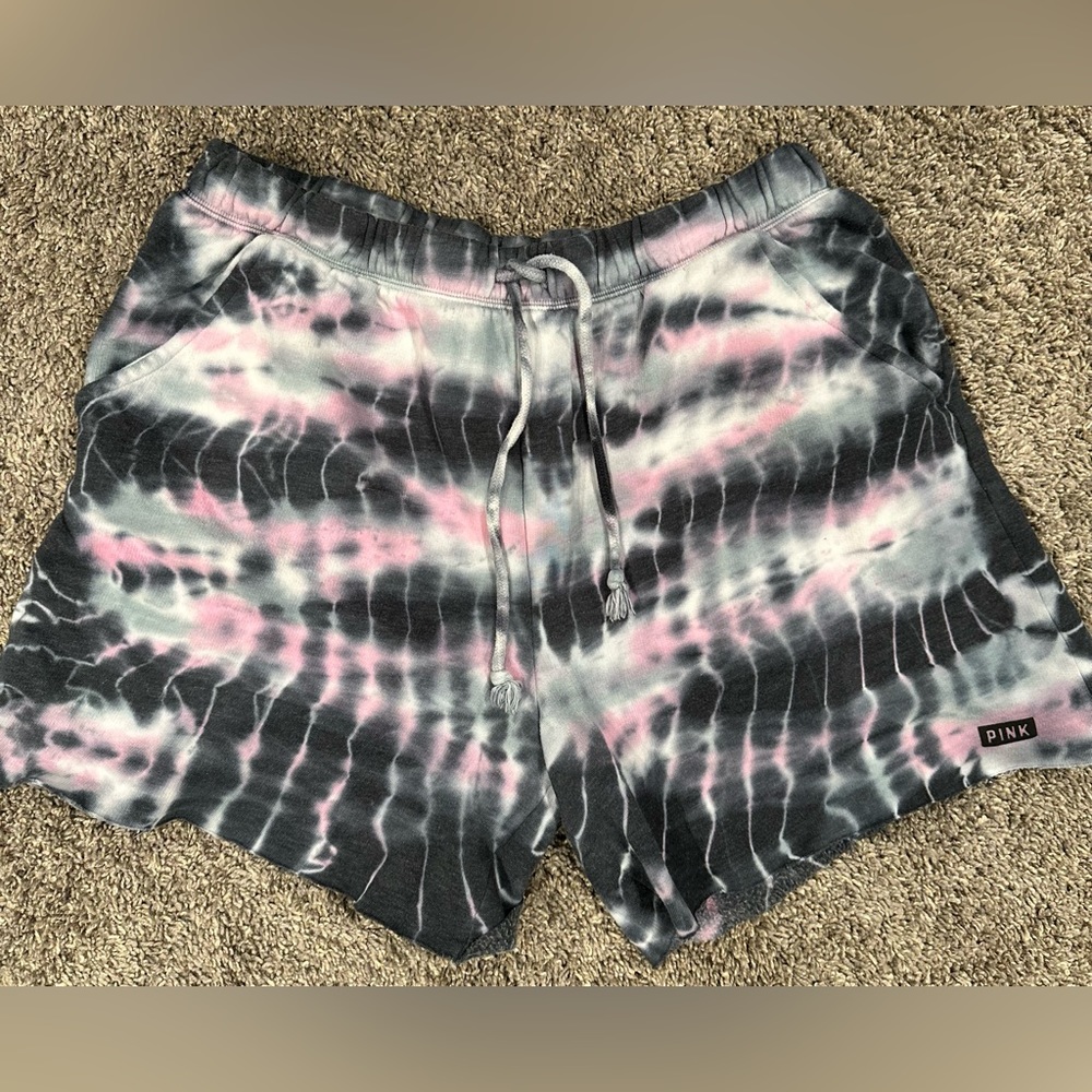 PINK Boyfriend Cut-Off Shorts, Pink, Black & White Tie-Dye, Size L